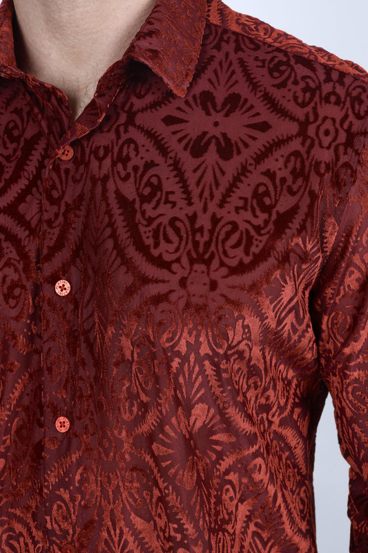 red modern fit stretch velvet shirt men platini close-up