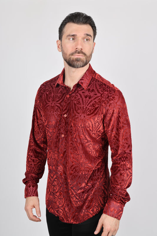 red modern fit stretch velvet shirt men platini back