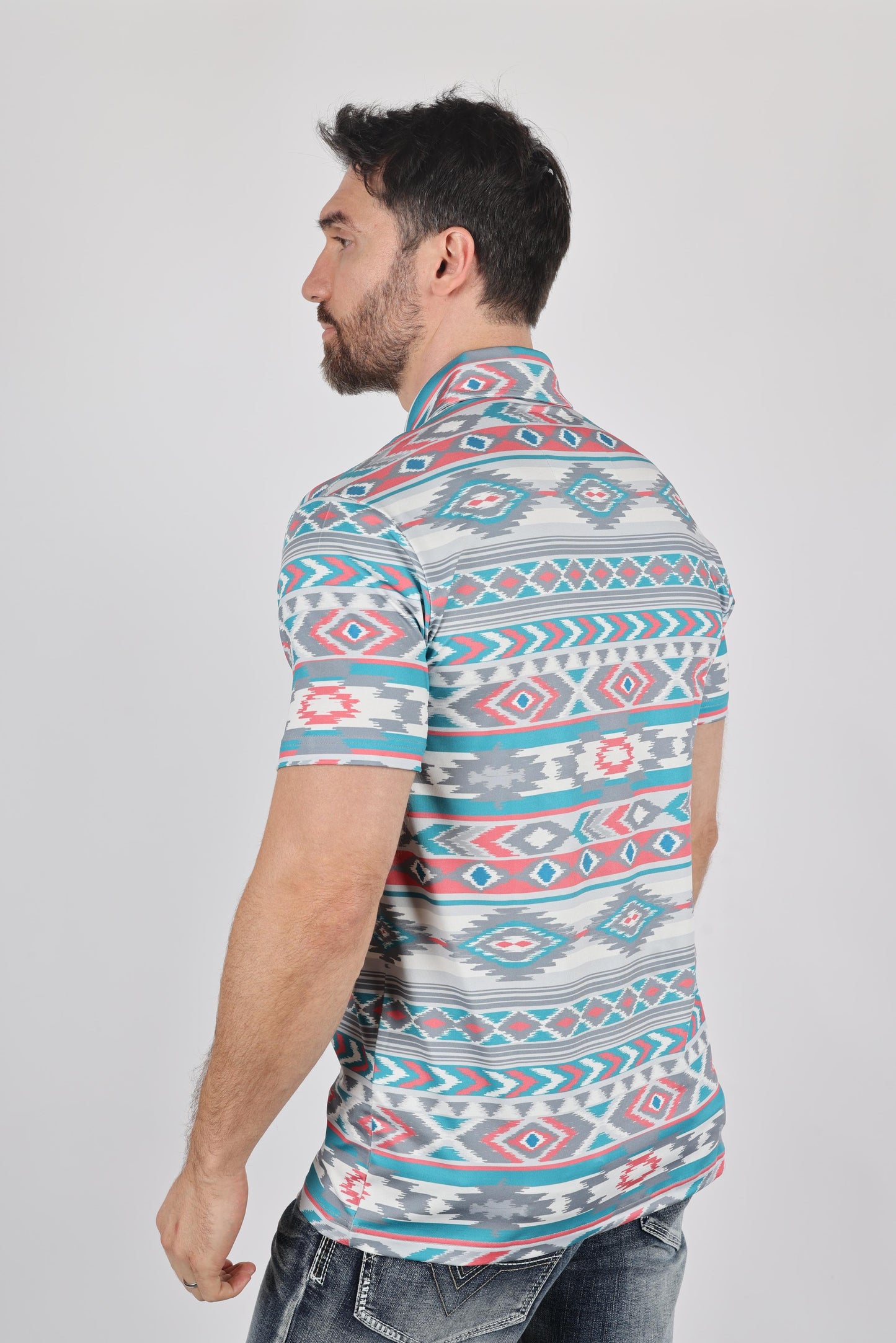 Mens Performance Fabric Modern Fit Stretch Aztec Print Polo