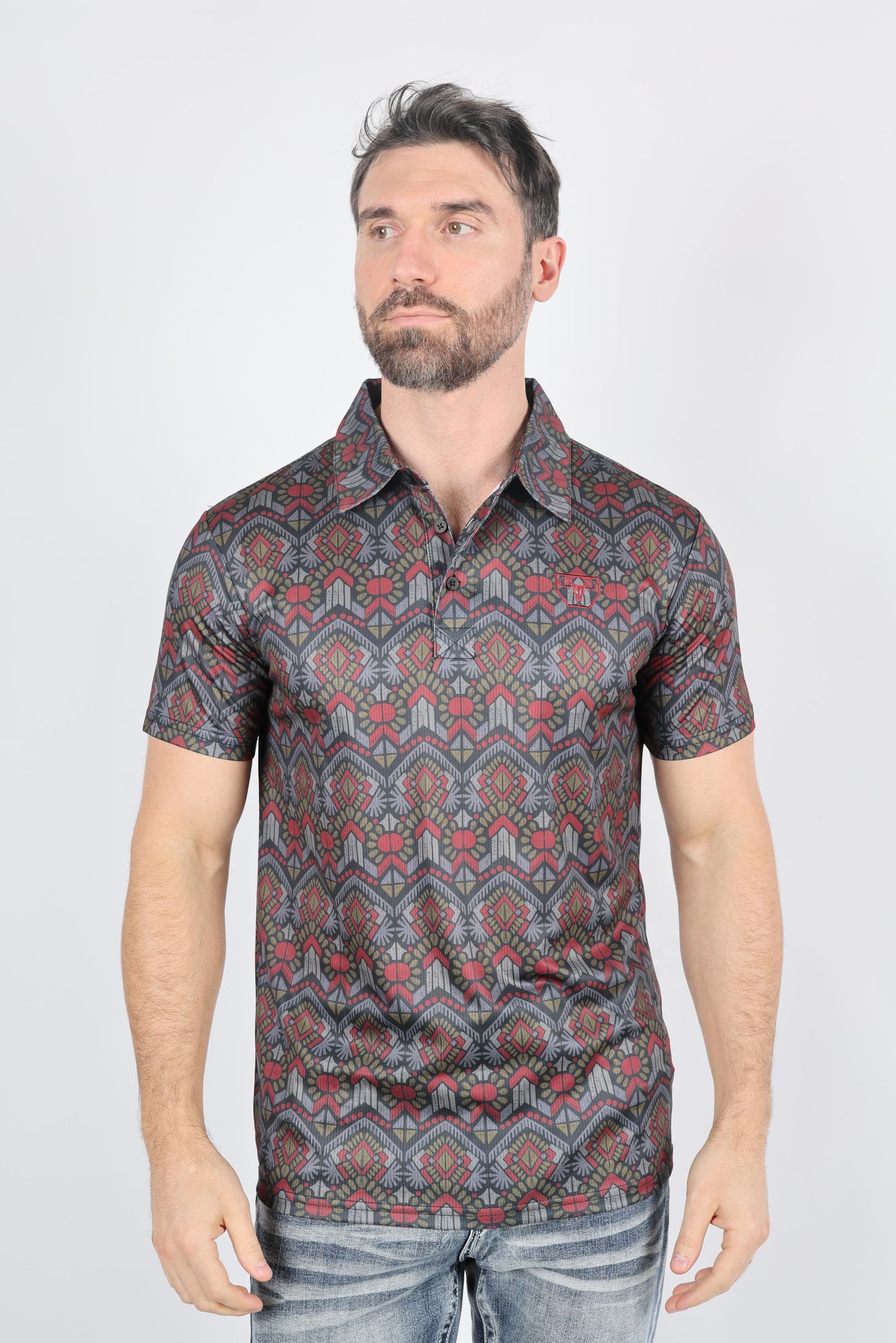 Mens Performance Fabric Modern Fit Stretch Aztec Print Polo