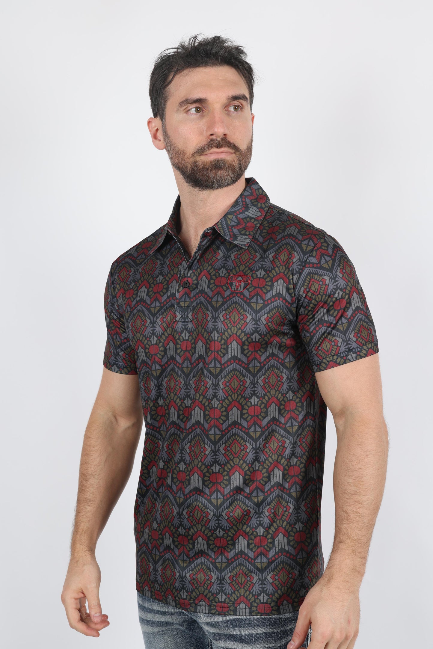 Mens Performance Fabric Modern Fit Stretch Aztec Print Polo