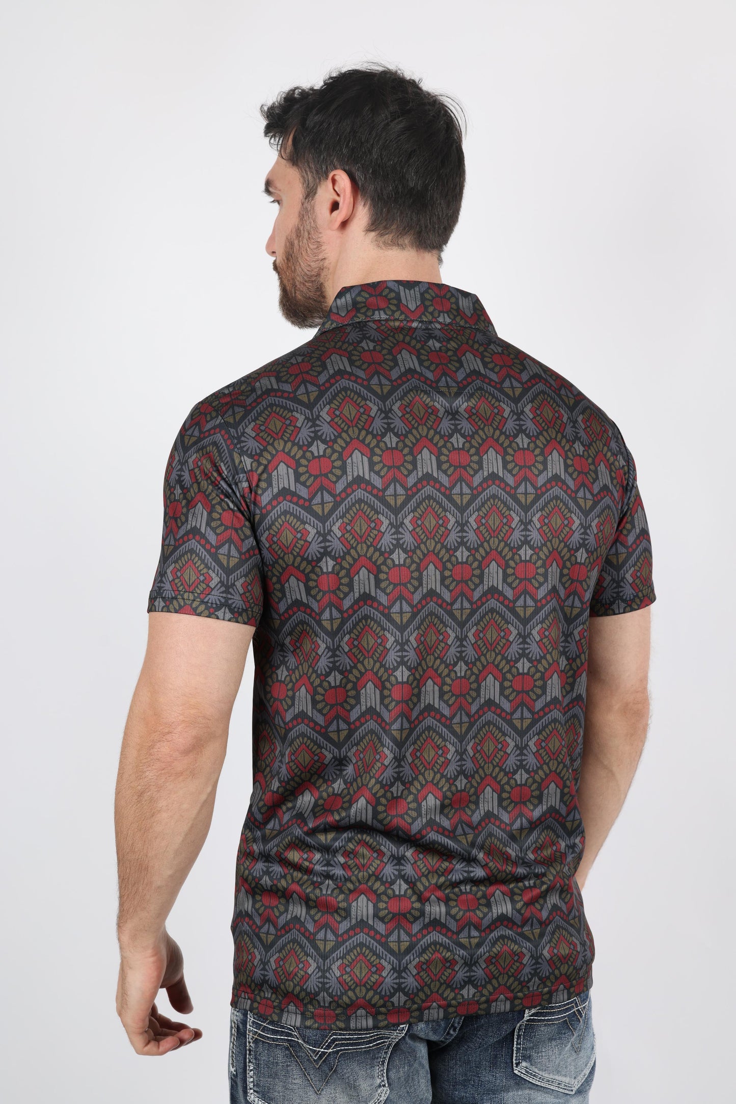 Mens Performance Fabric Modern Fit Stretch Aztec Print Polo