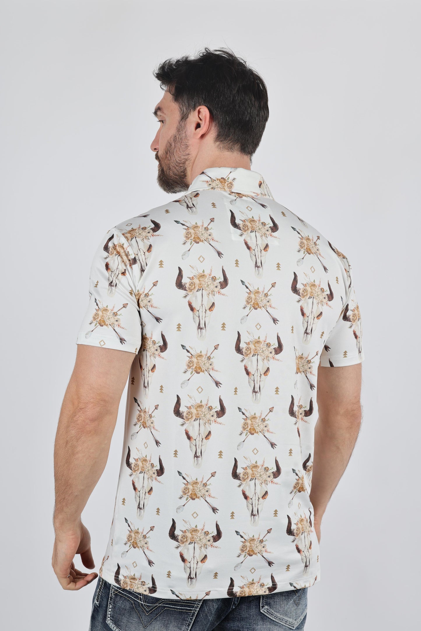 Mens Performance Fabric Modern Fit Stretch Cow Skull Print Polo