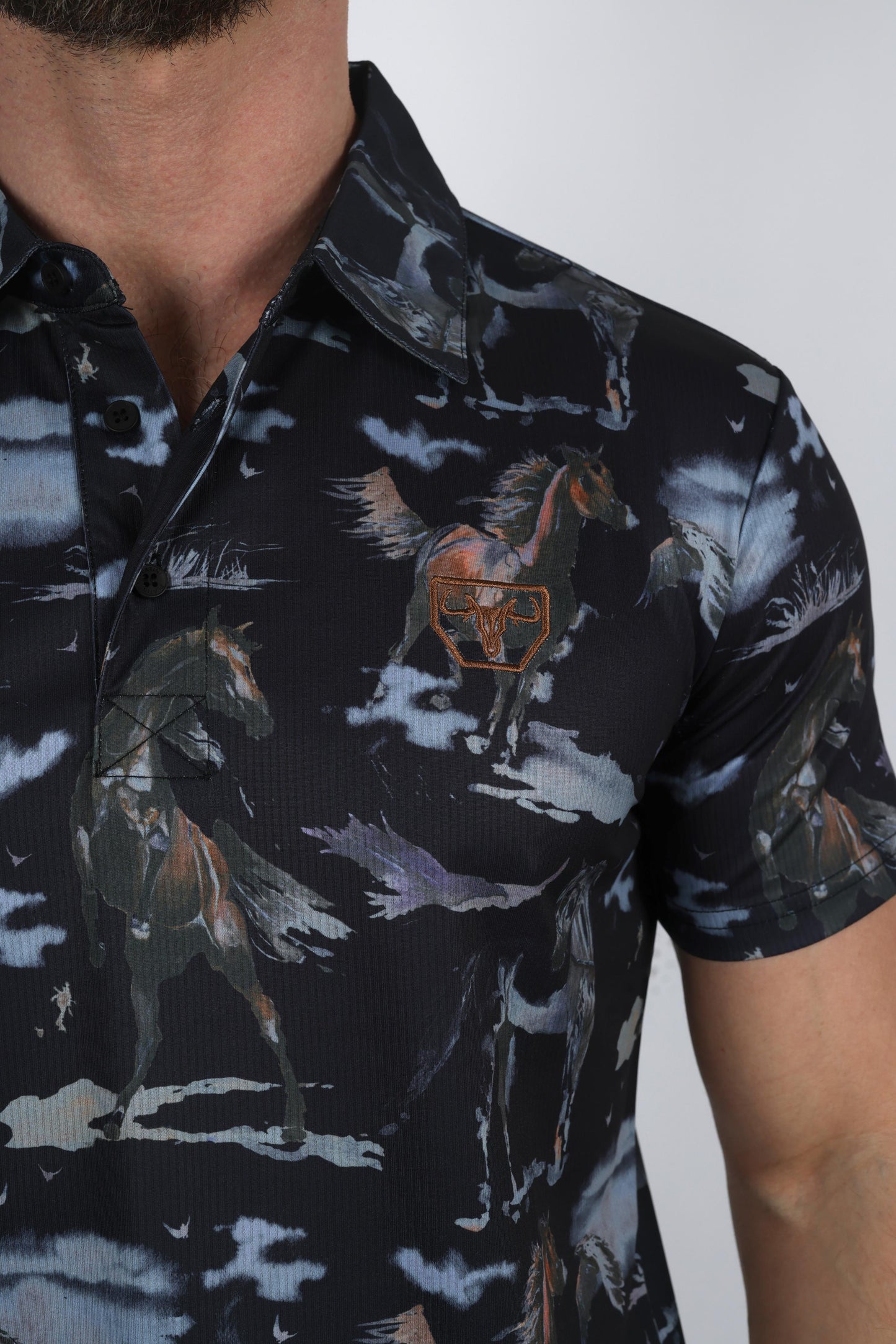 Mens Performance Fabric Modern Fit Stretch Rodeo Print Polos