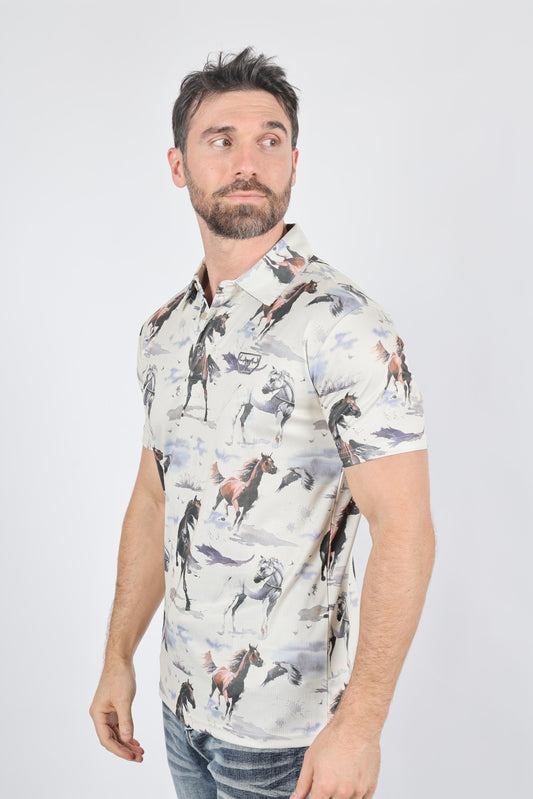beige watercolor horse performance polo men platini back