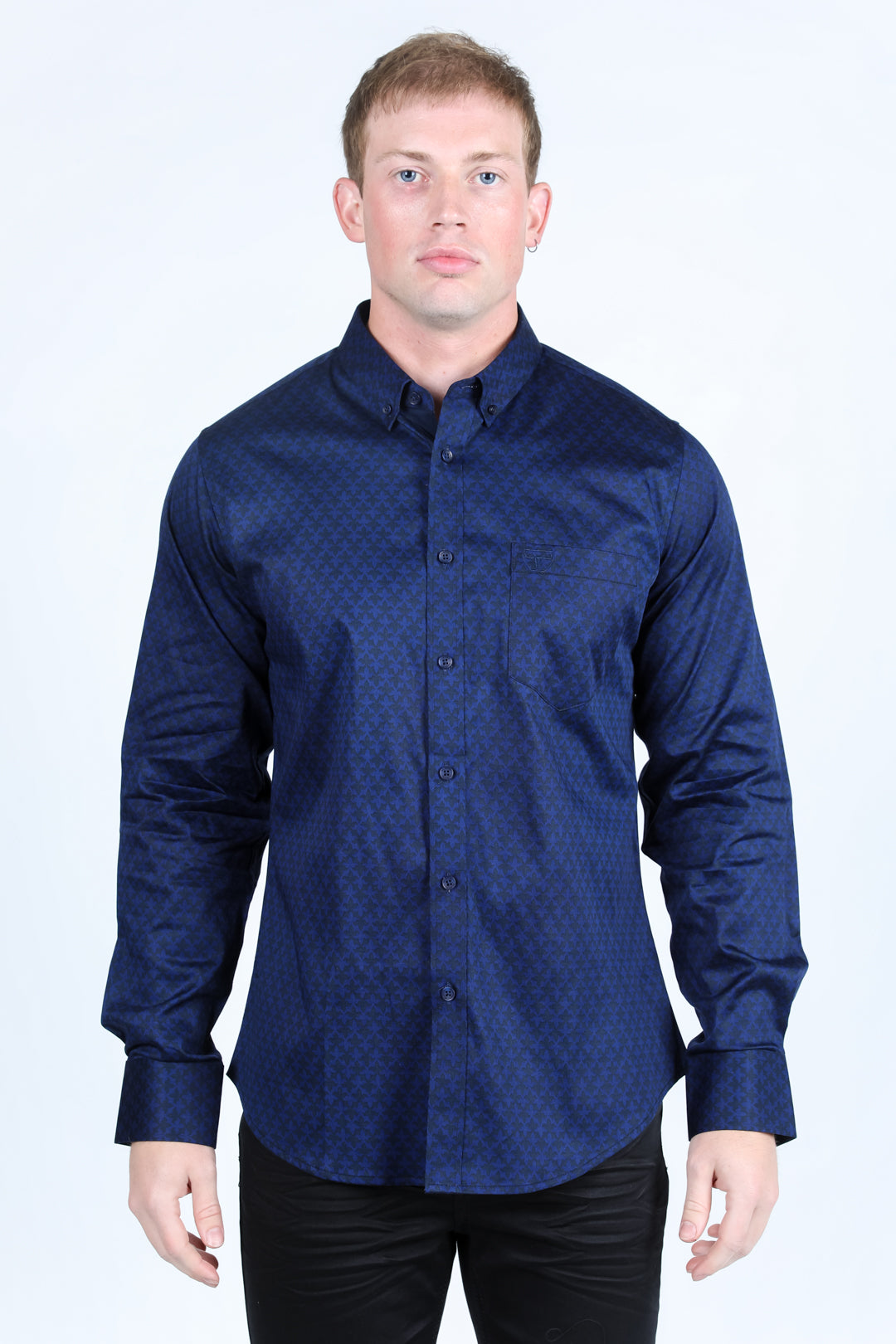Mens Satin Cotton/Spandex Modern Fit Long Sleeve Shirt - Navy