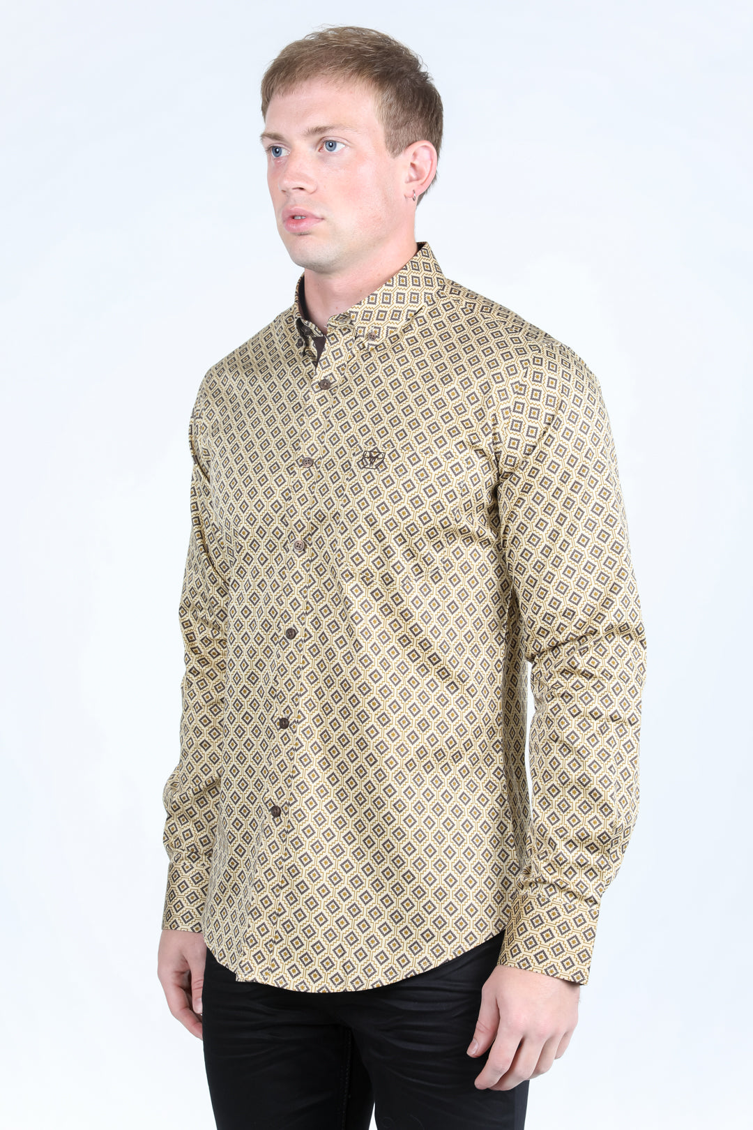 Mens Satin Cotton/Spandex Modern Fit Long Sleeve Shirt - Beige