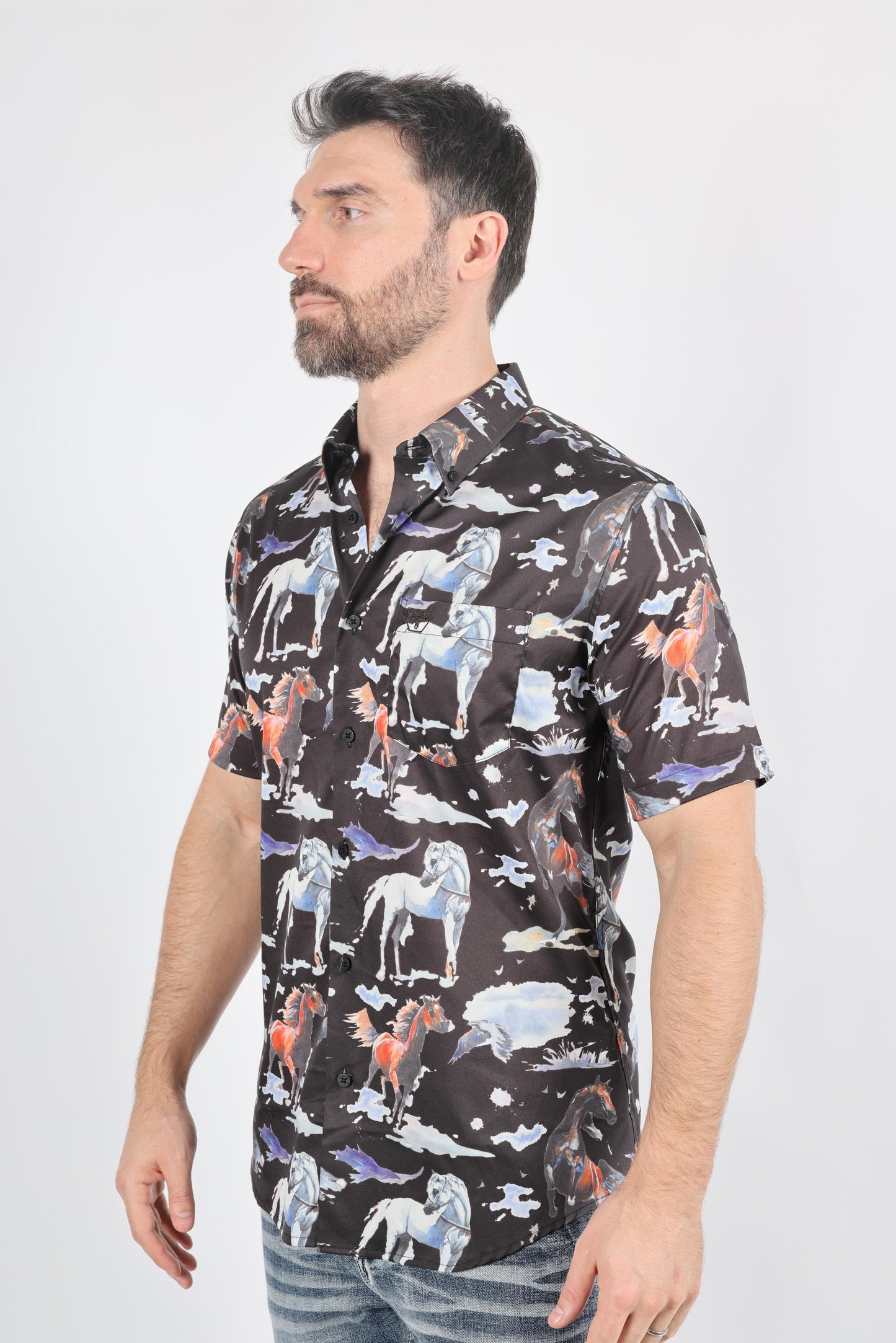 Mens Short Sleeve Modern Fit Stretch Wild Horses Print Shirt