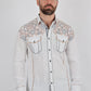 Mens Vintage Washed 2-tone Embroidery Modern Fit Stretch Shirt