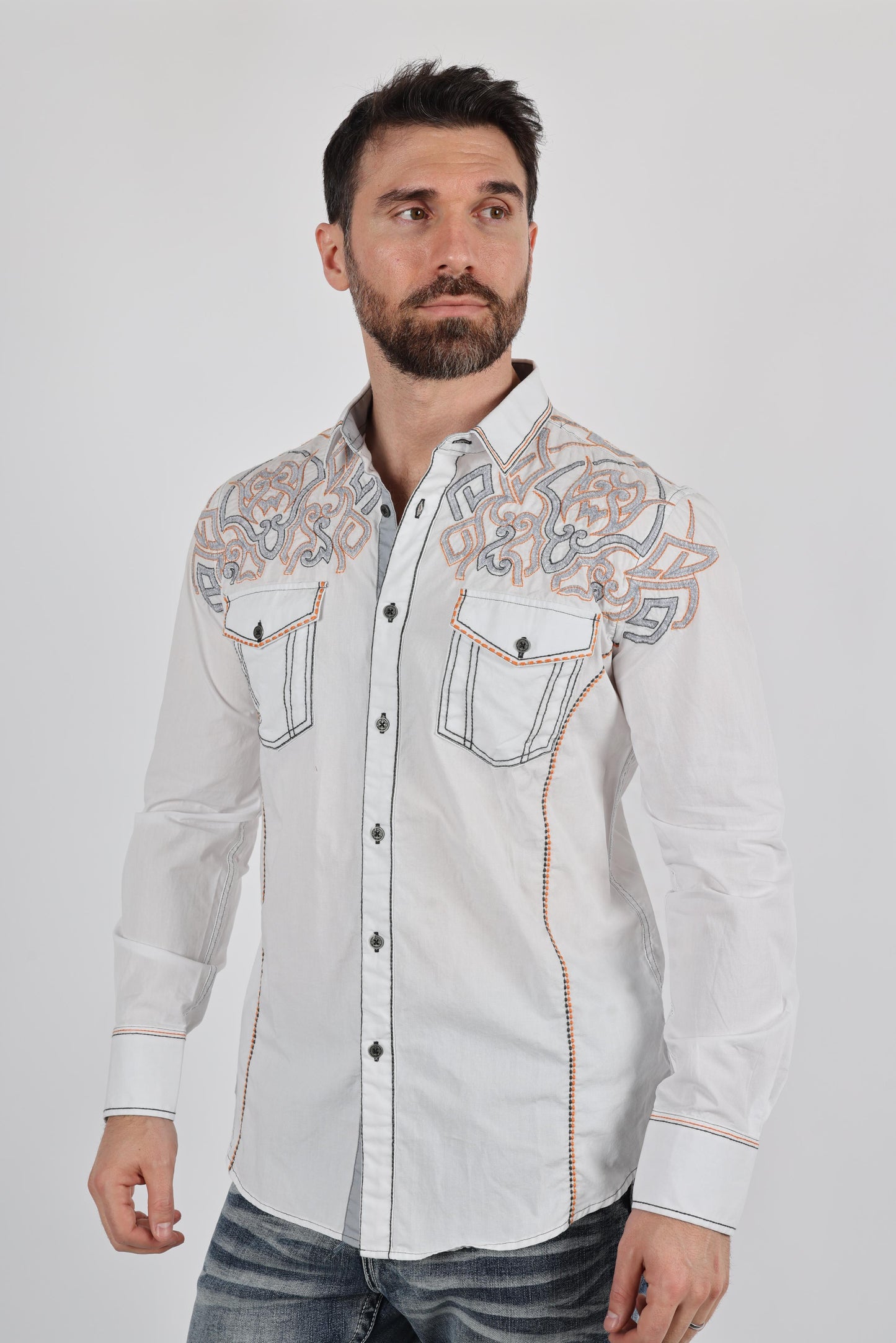 Mens Vintage Washed 2-tone Embroidery Modern Fit Stretch Shirt