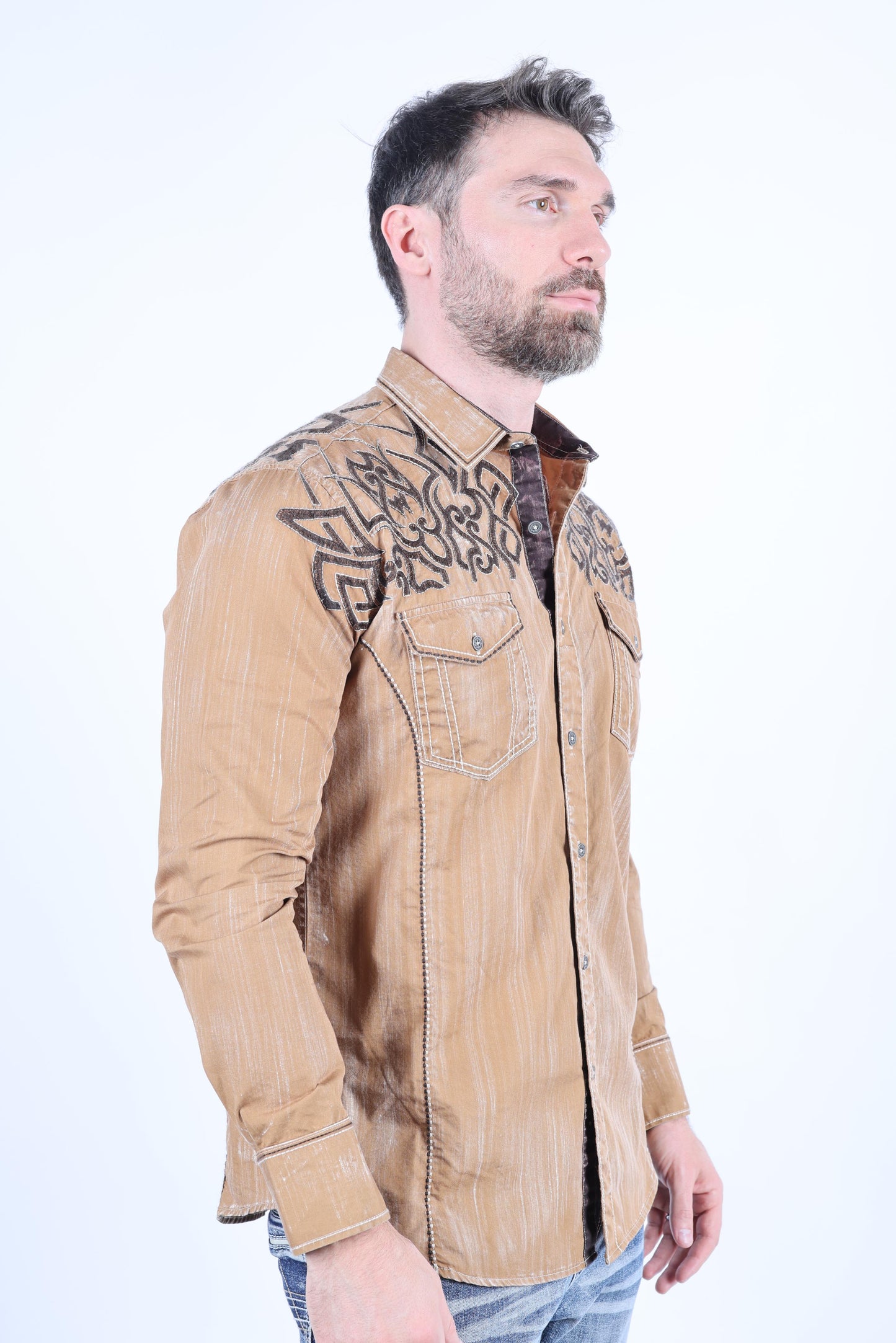 Mens Vintage Washed 2-tone Embroidery Modern Fit Stretch Shirt