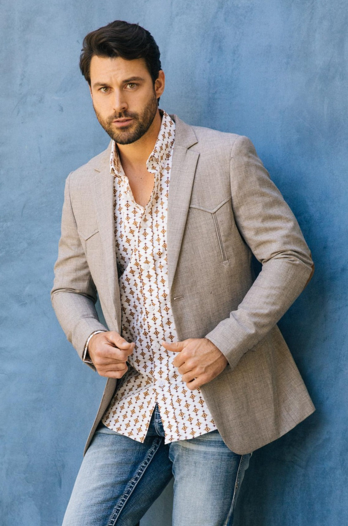 heather beige western sport coat with elbow patch men platini front