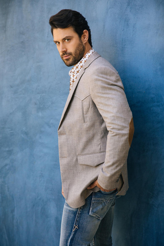 heather beige western sport coat with elbow patch men platini lifestyle