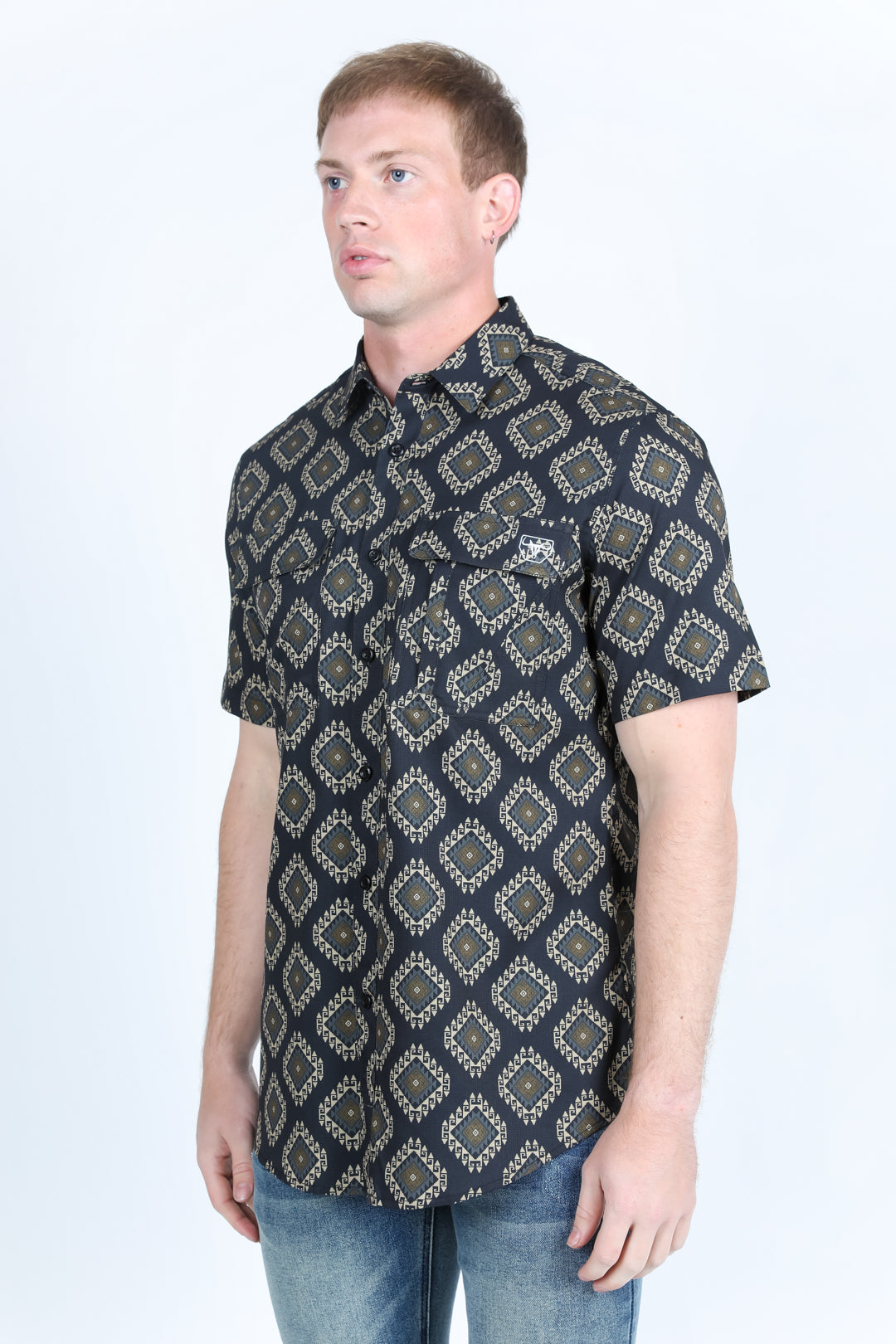 Mens Classic Fit Performance Short Sleeve Aztec Print Shirt - Black
