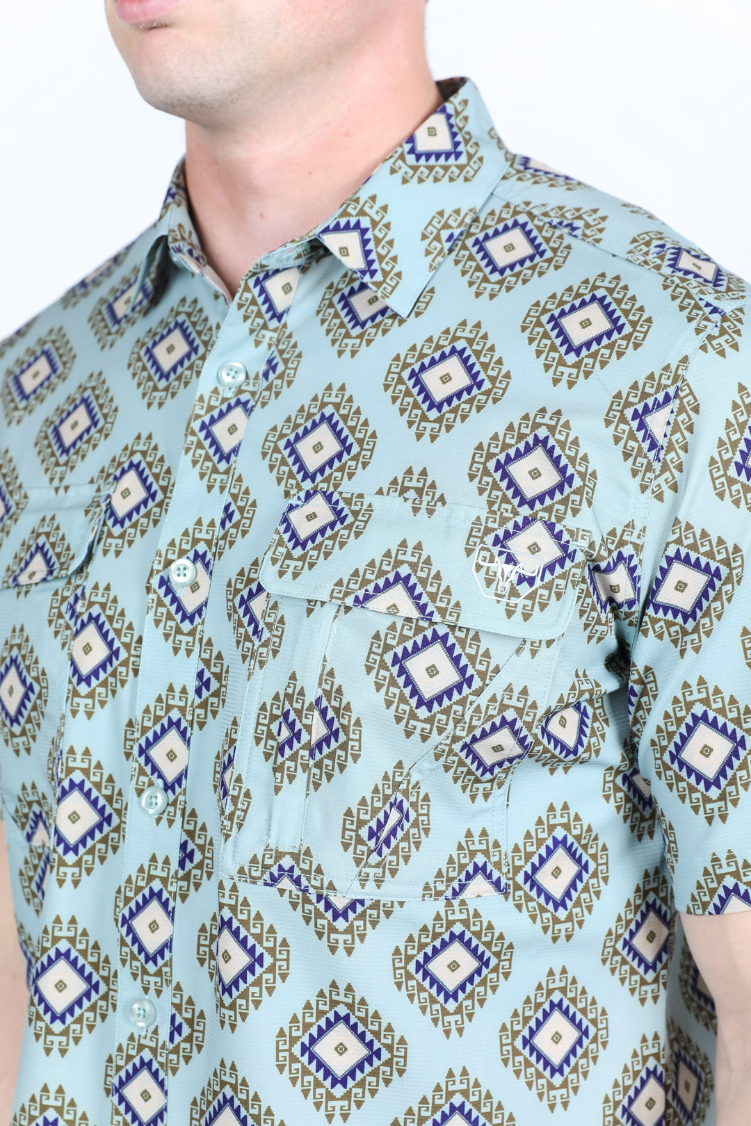 Mens Classic Fit Performance Short Sleeve Aztec Print Shirt - Sage