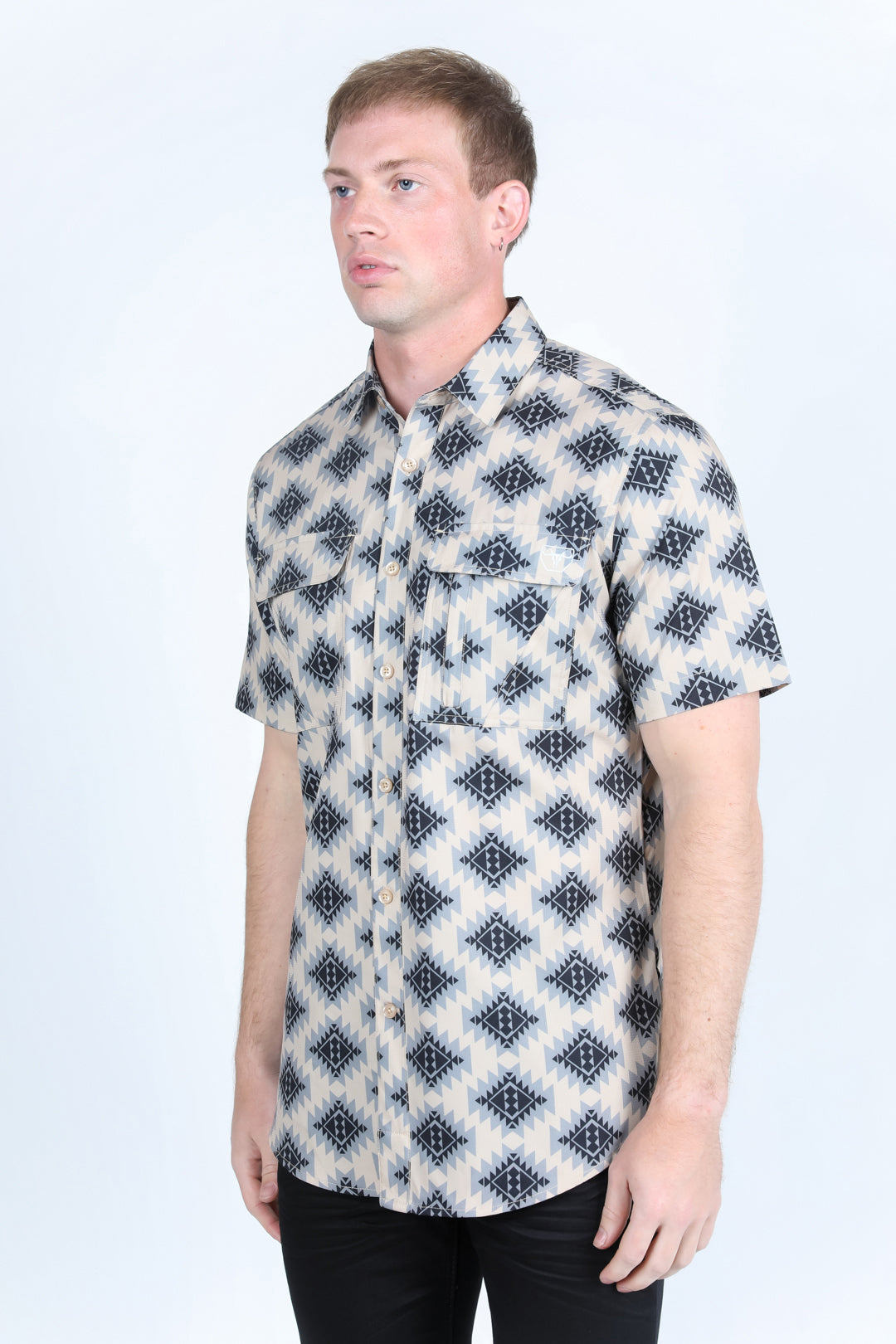 Mens Classic Fit Performance Short Sleeve Aztec Print Shirt - Beige
