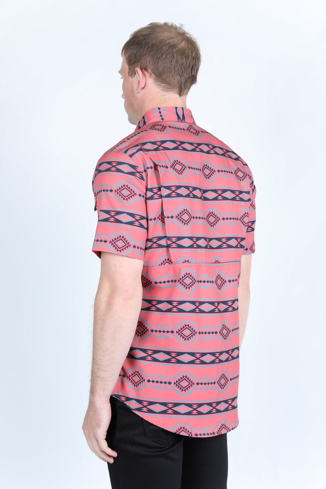 Mens Classic Fit Performance Short Sleeve Aztec Print Shirt - Salmon
