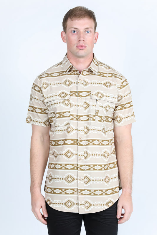 Mens Classic Fit Performance Short Sleeve Aztec Print Shirt - Beige
