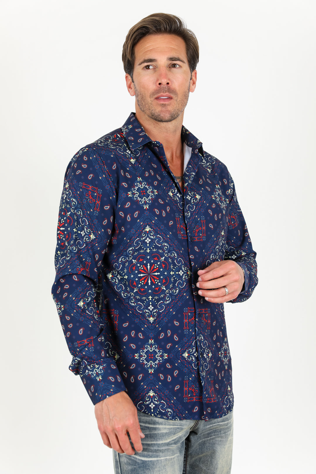 Men's Printed Navy Satin LS Shirt