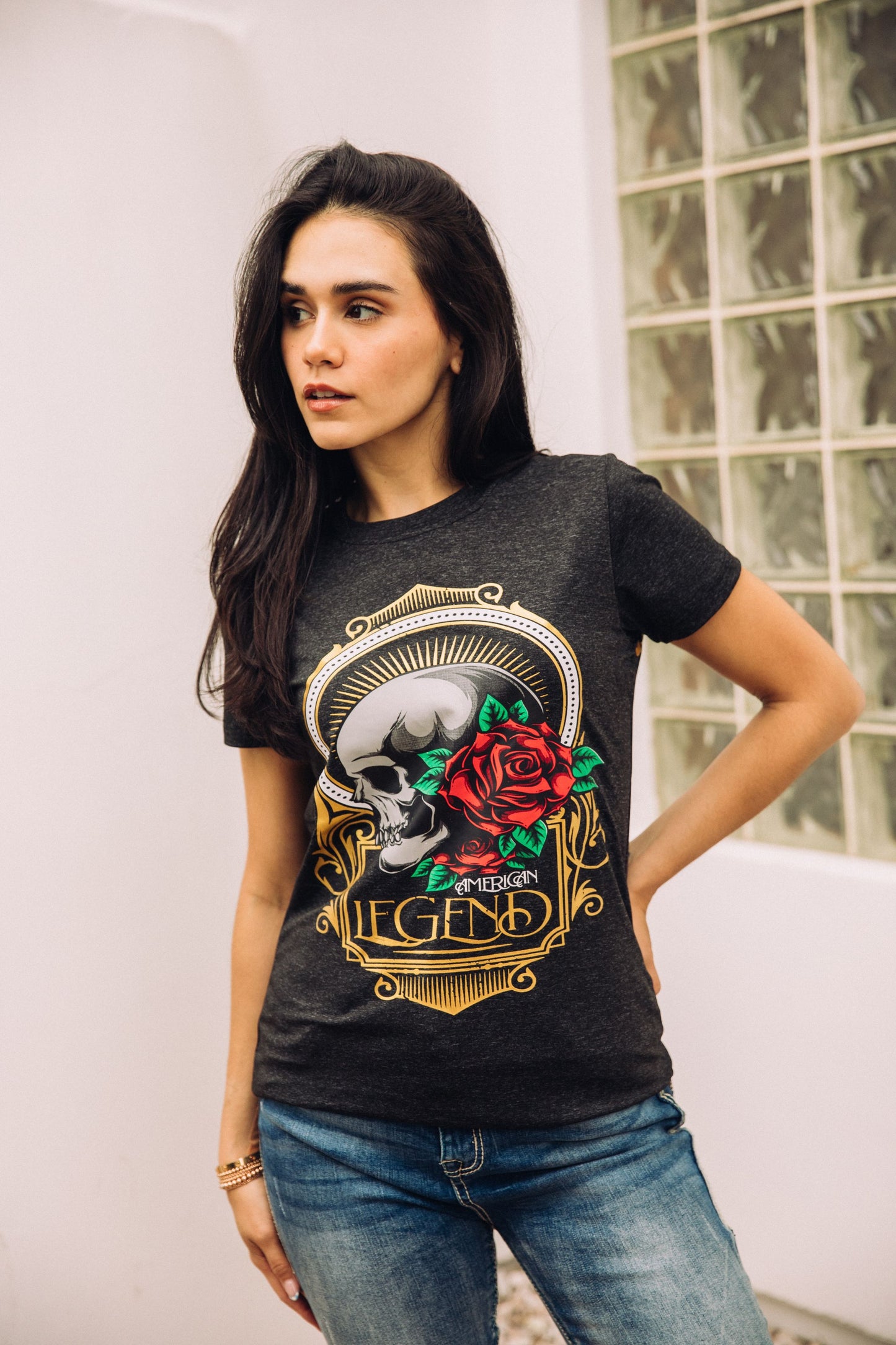 Women's Cotton American Legend Graphic Print Black T-shirt