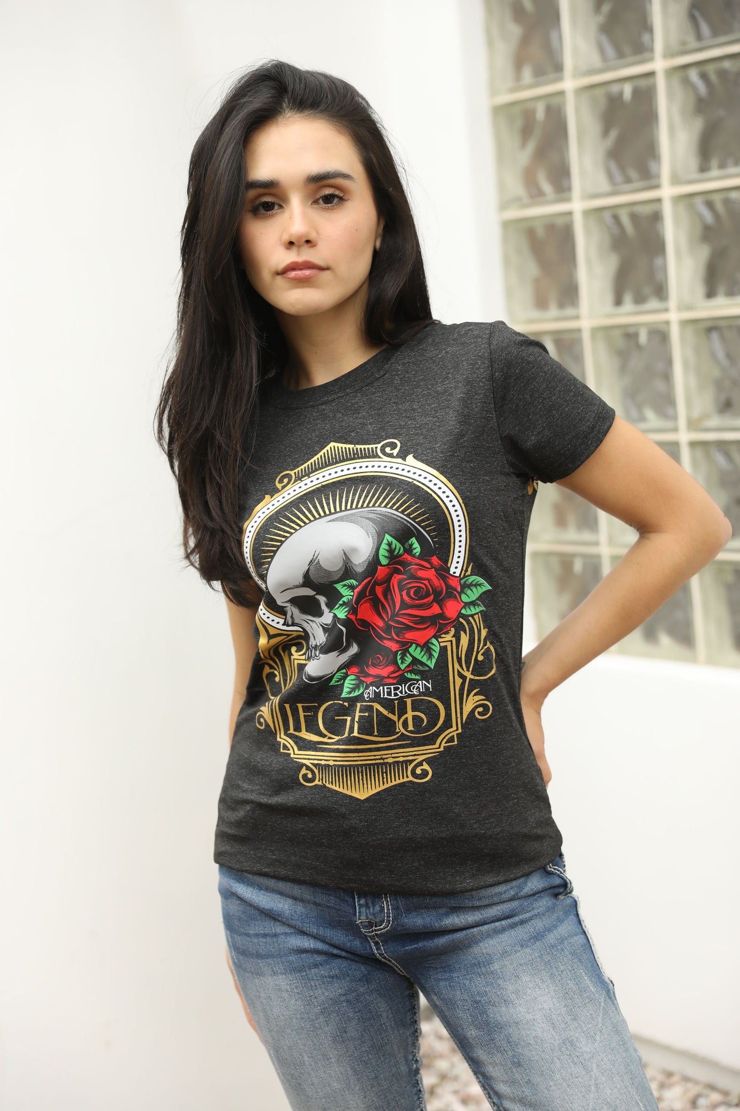 Women's Cotton American Legend Graphic Print Black T-shirt