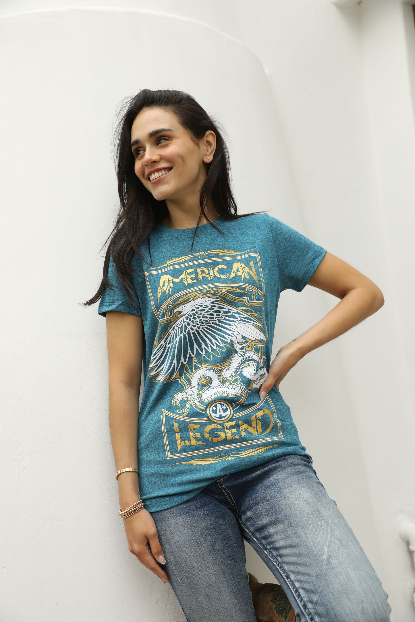 Women's Cotton American Legend Graphic Print Blue T-shirt