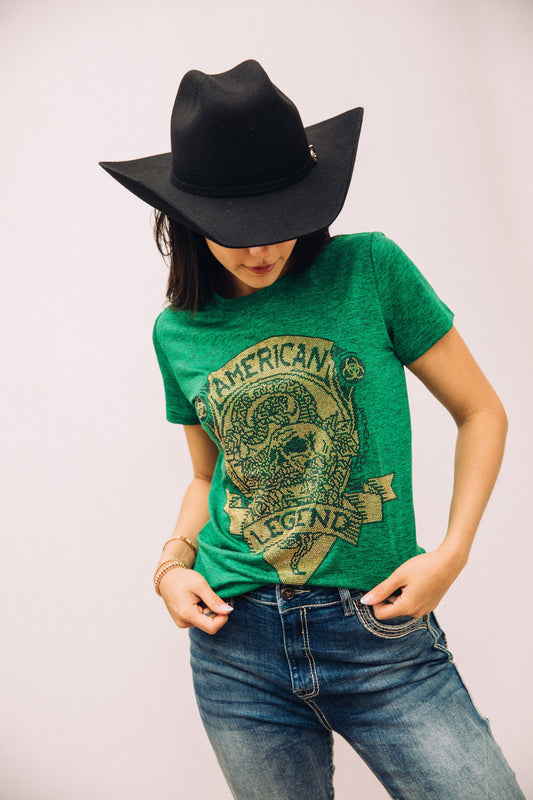 Women's Cotton American Legend Graphic Print Green T-shirt