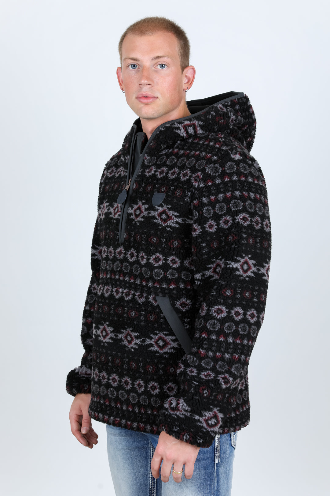 Mens Aztec Sherpa Hooded Pullover - Black