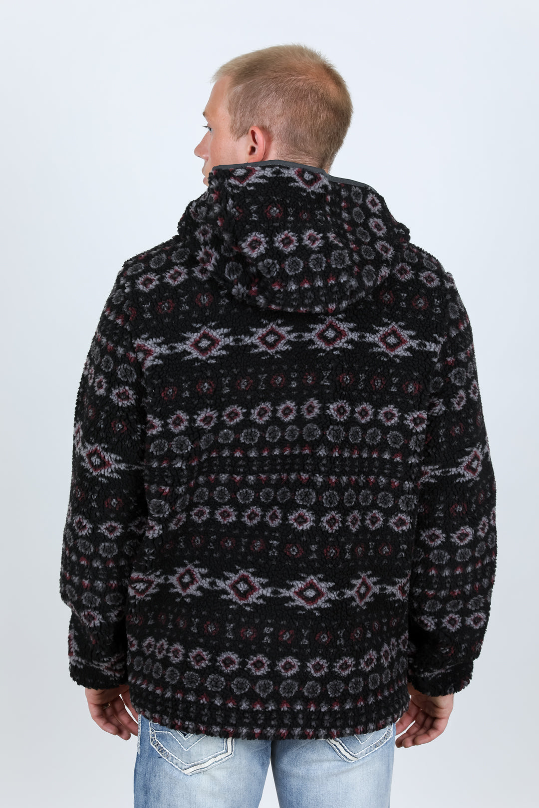 Mens Aztec Sherpa Hooded Pullover - Black