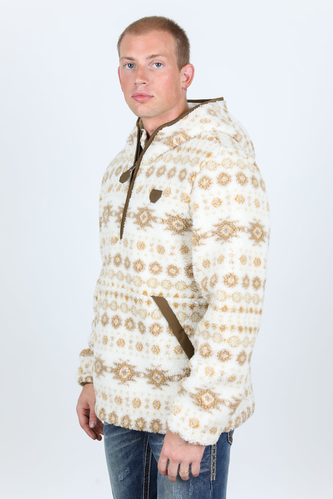 Mens Aztec Sherpa Hooded Pullover - Cream