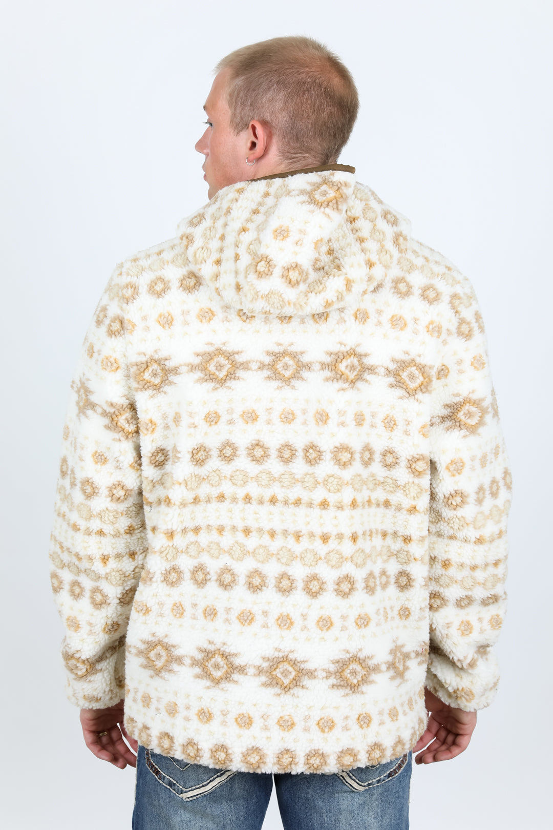 Mens Aztec Sherpa Hooded Pullover - Cream