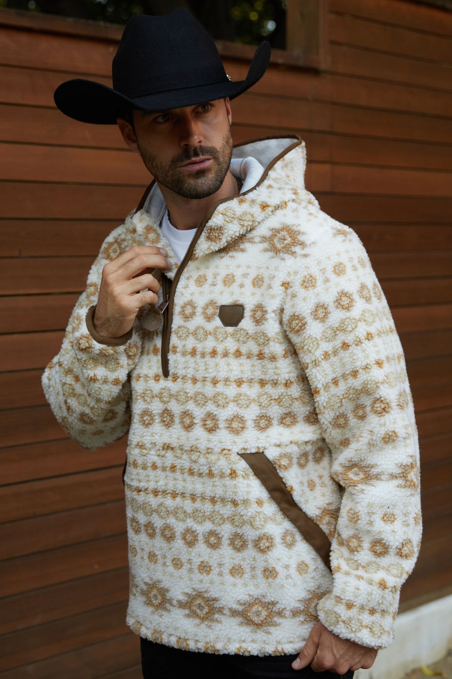 Mens Aztec Sherpa Hooded Pullover - Cream