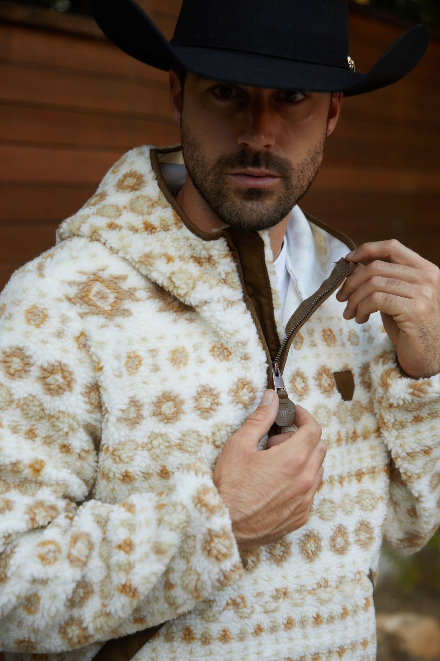 Mens Aztec Sherpa Hooded Pullover - Cream