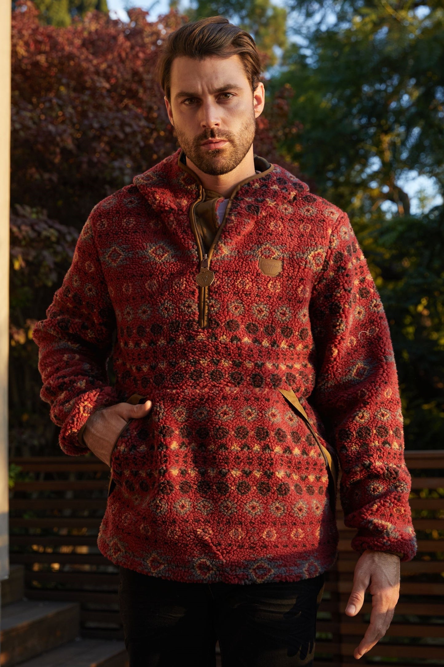 Mens Aztec Sherpa Hooded Pullover - Burgundy