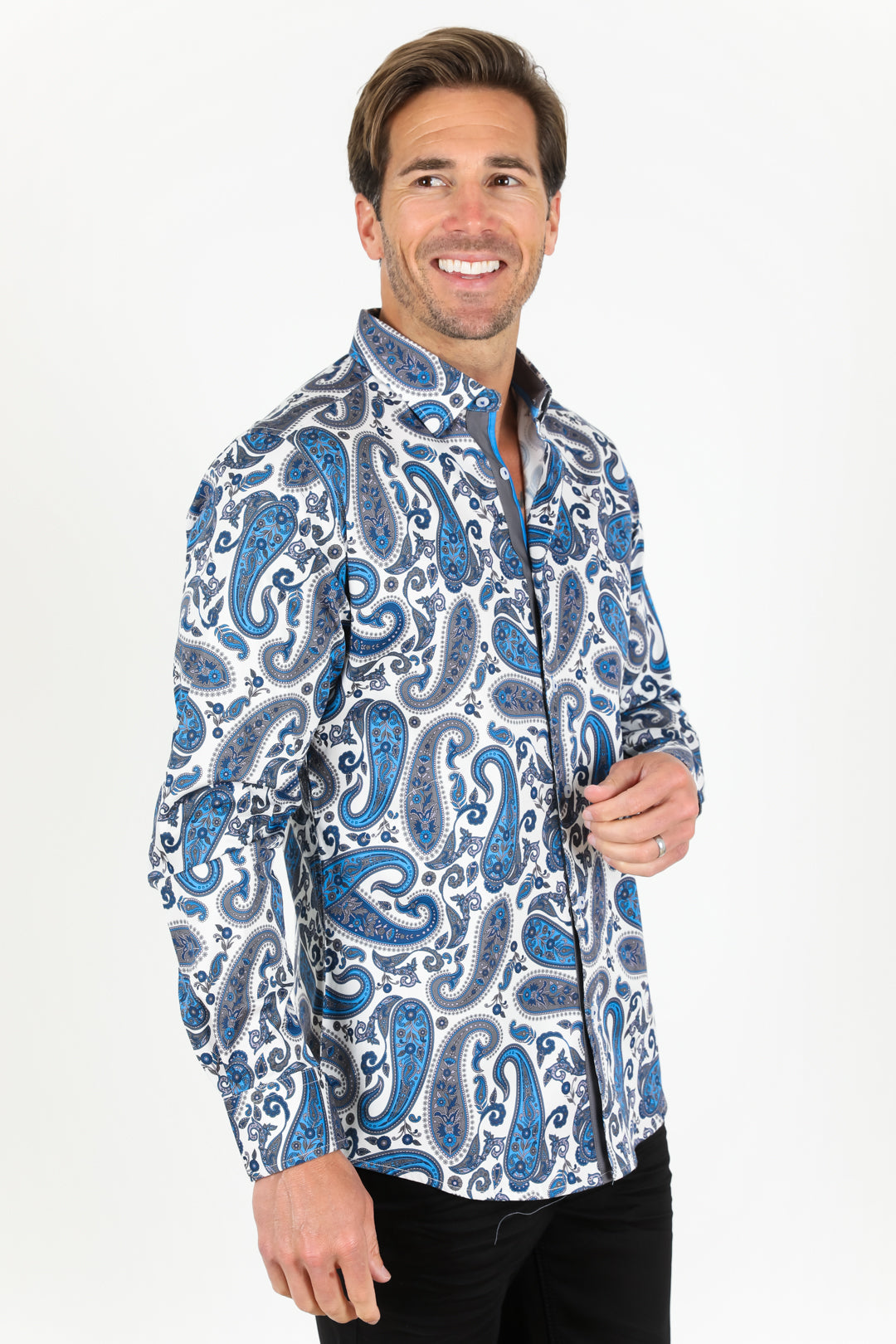 Satin Cotton/Spandex Long Sleeve Shirt - Blue