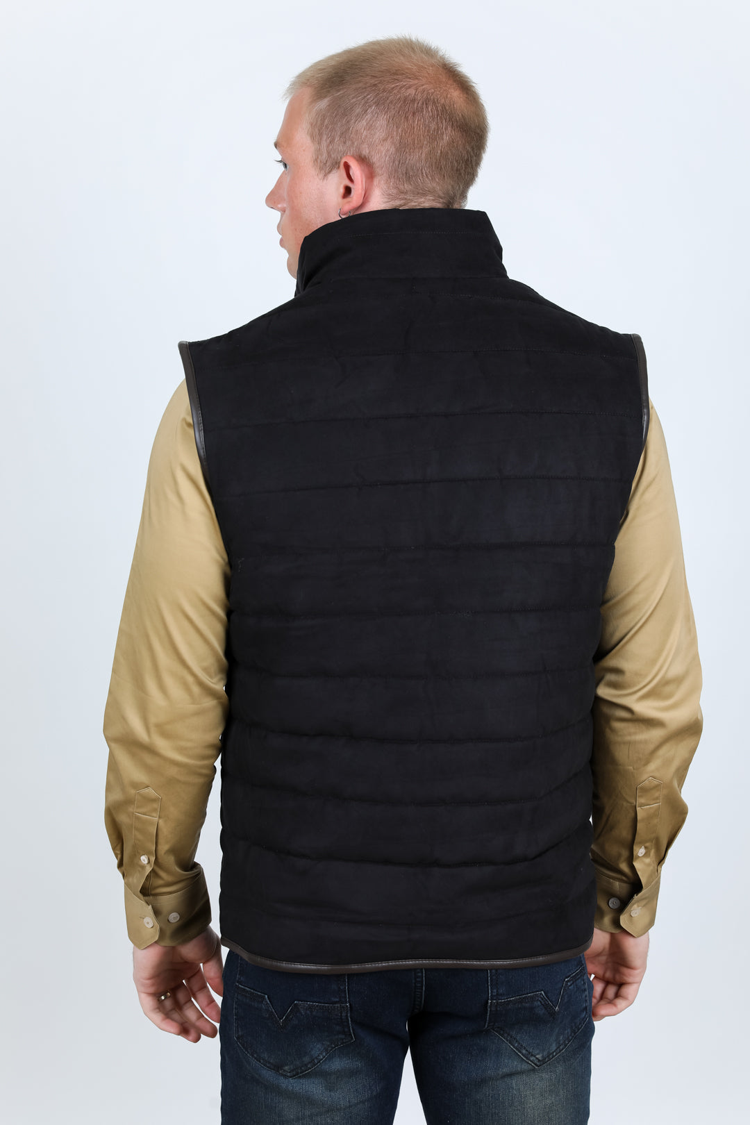 Men's Fur Lined Quilted Faux Suede Vest - Black
