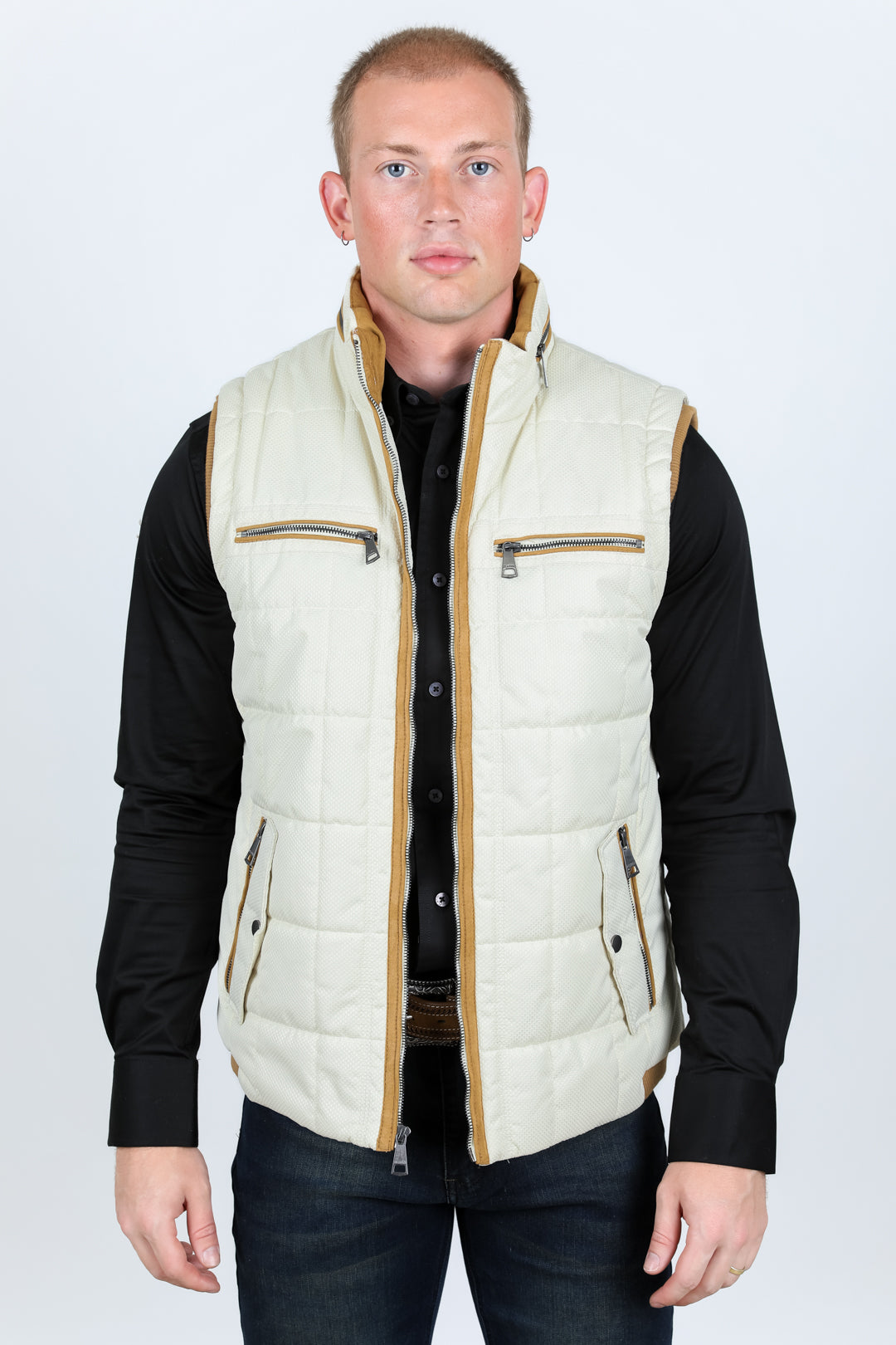 Men's Quilted Fur Lined Vest - Beige