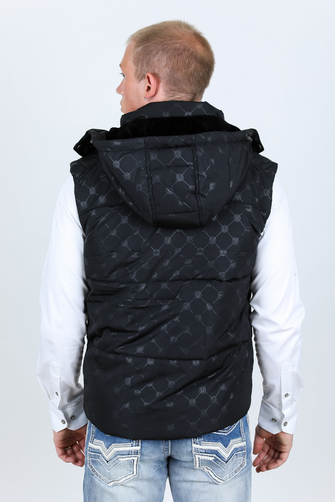 Men s Fur Lined Quilted Monogram Vest Black Platini Fashion