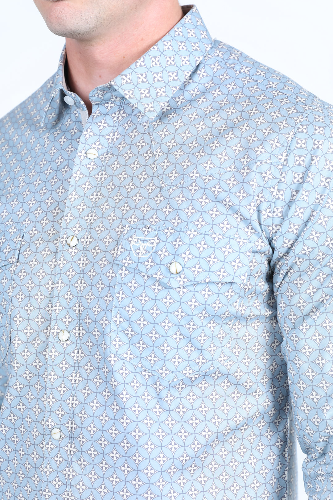 Mens Western Modern Fit Cotton/Spandex Long Sleeve Shirt with Snaps - Light Blue