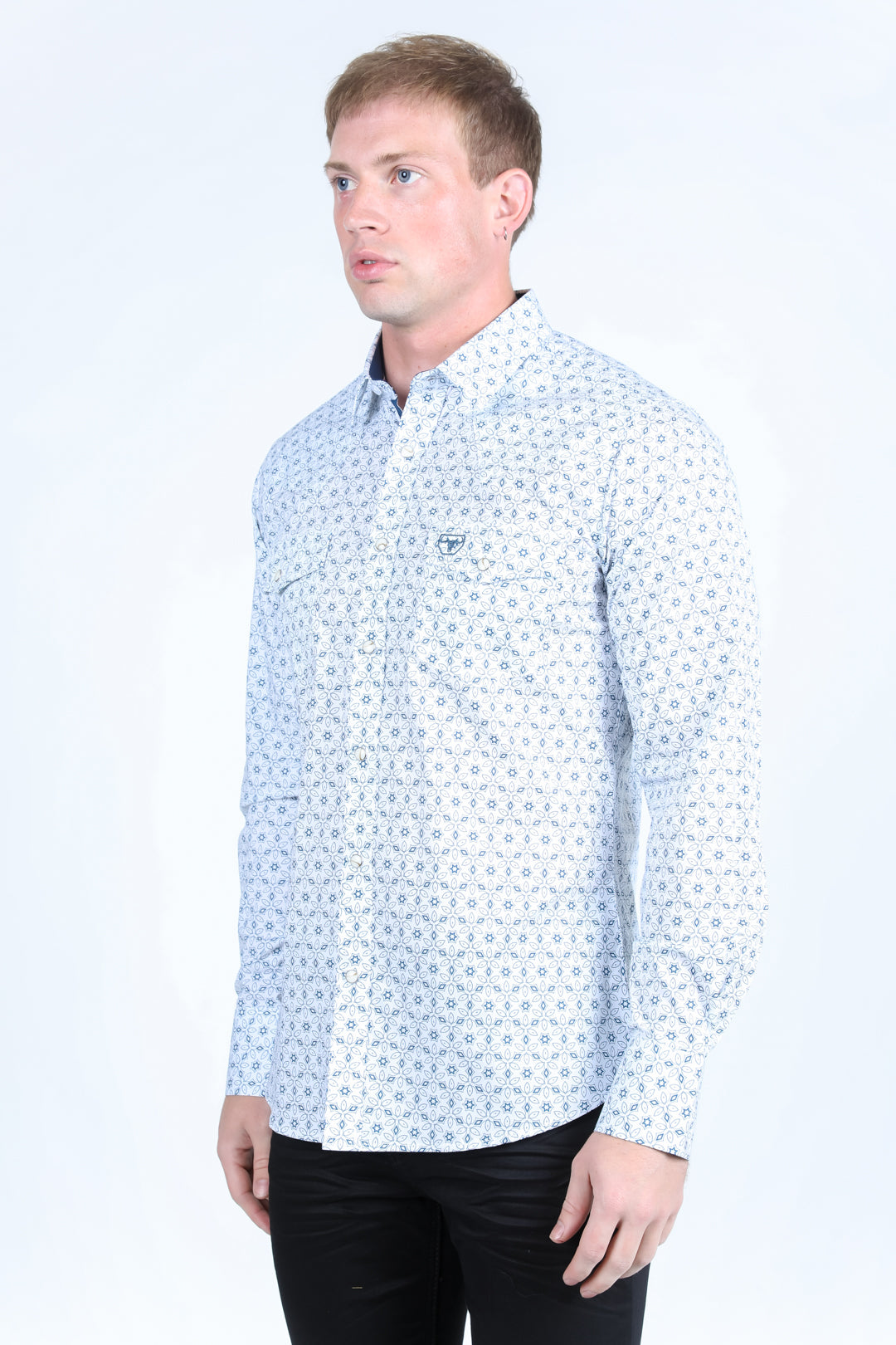 Mens Western Modern Fit Cotton/Spandex Long Sleeve Shirt with Snaps - White