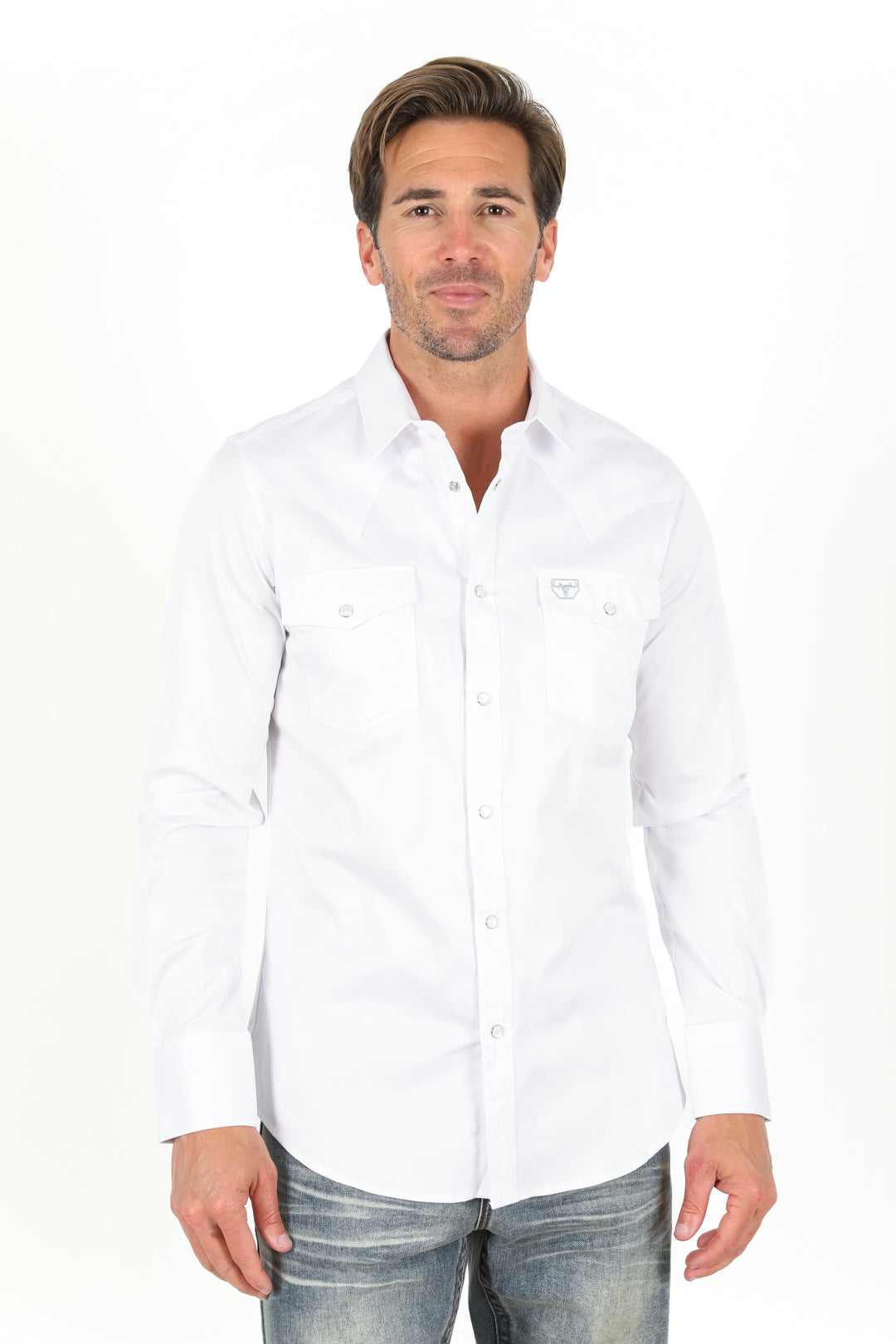 Men’s Single Pocket Logo Modern Fit Stretch Dress Shirt - White