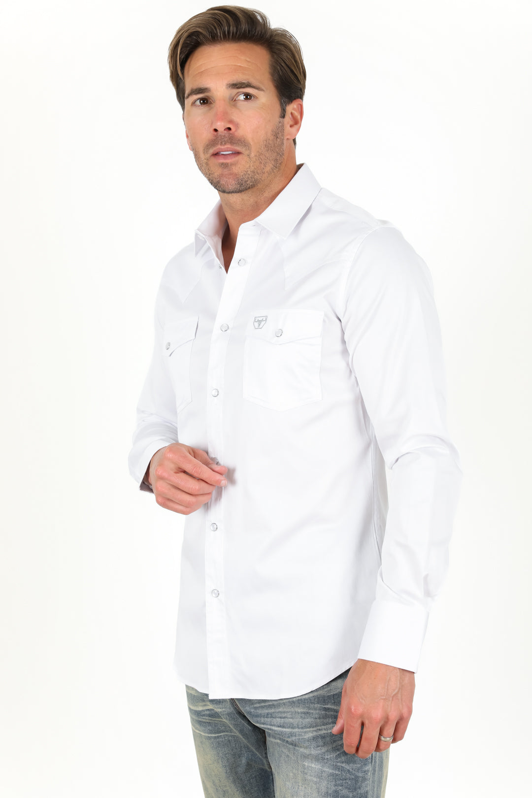 Men’s Single Pocket Logo Modern Fit Stretch Dress Shirt - White