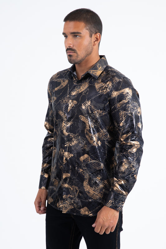 black abstract organic repeat foil shirt side platini