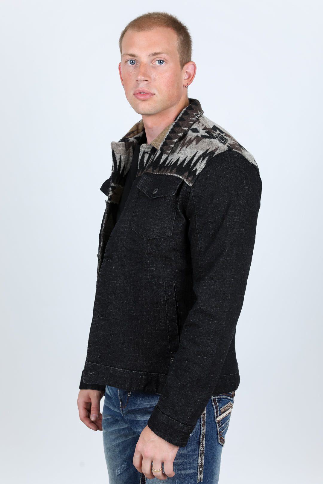 dk. indigo aztec denim jacket platini side