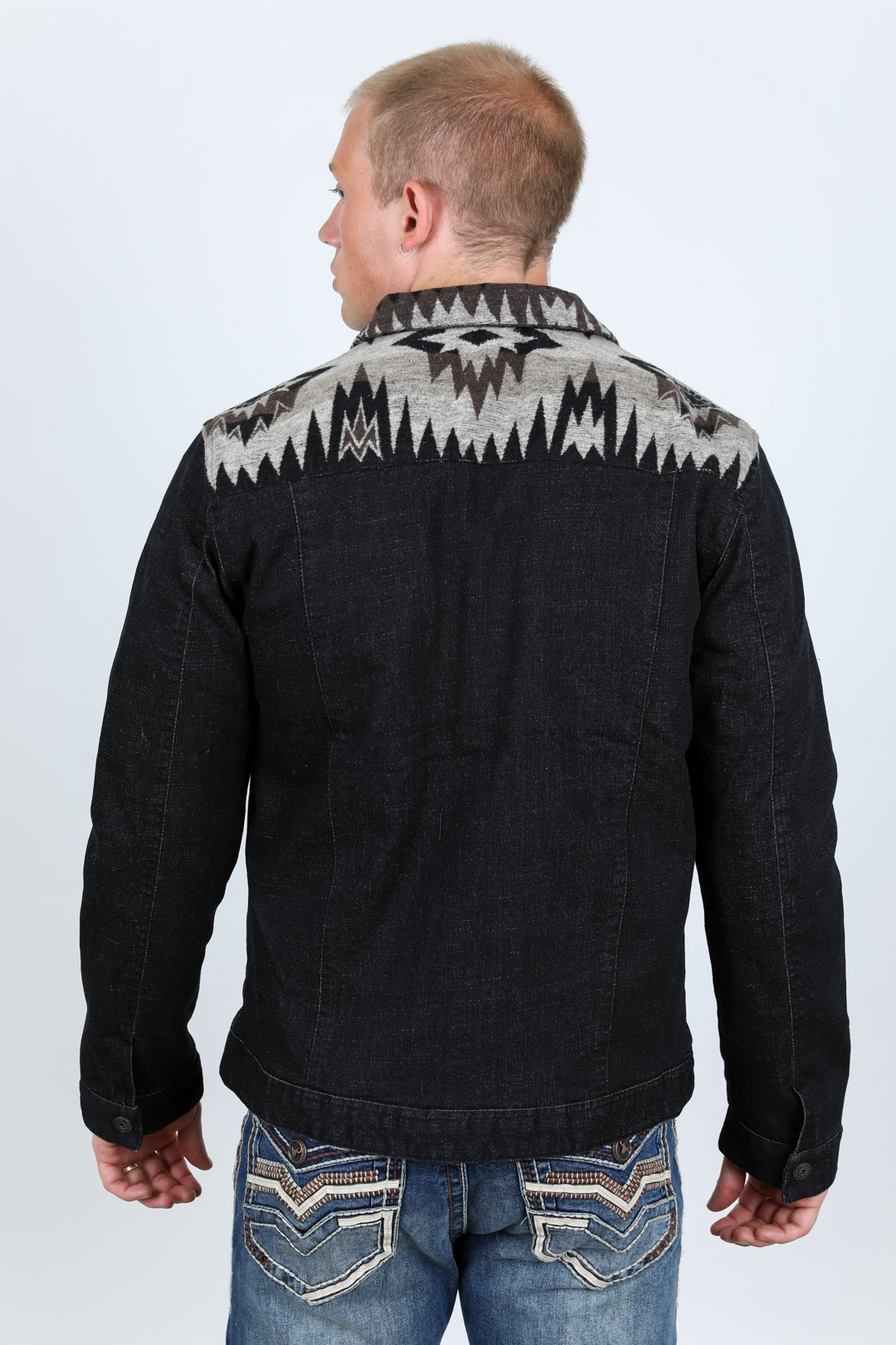 dk. indigo aztec denim jacket platini back