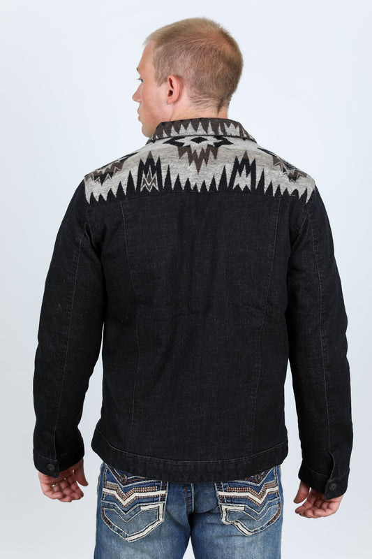 dk. indigo aztec denim jacket platini back