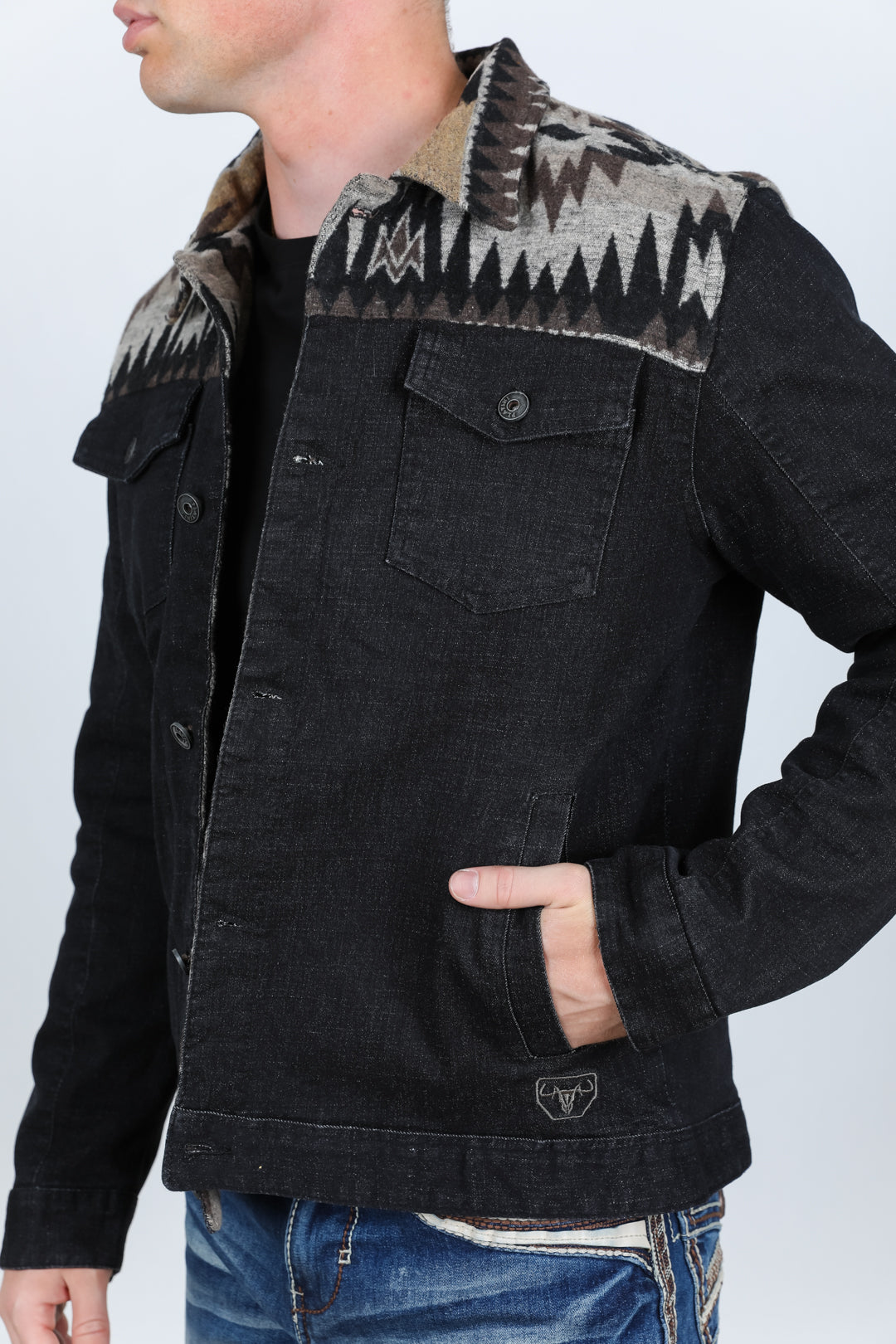 dk. indigo aztec denim jacket platini detail