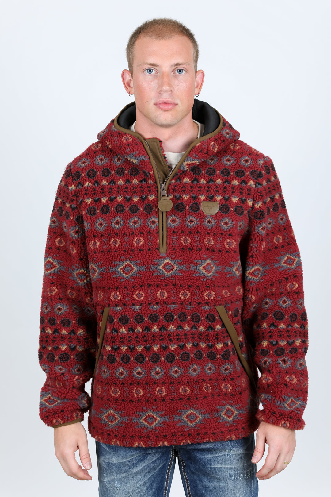burgundy aztec sherpa pullover model platini