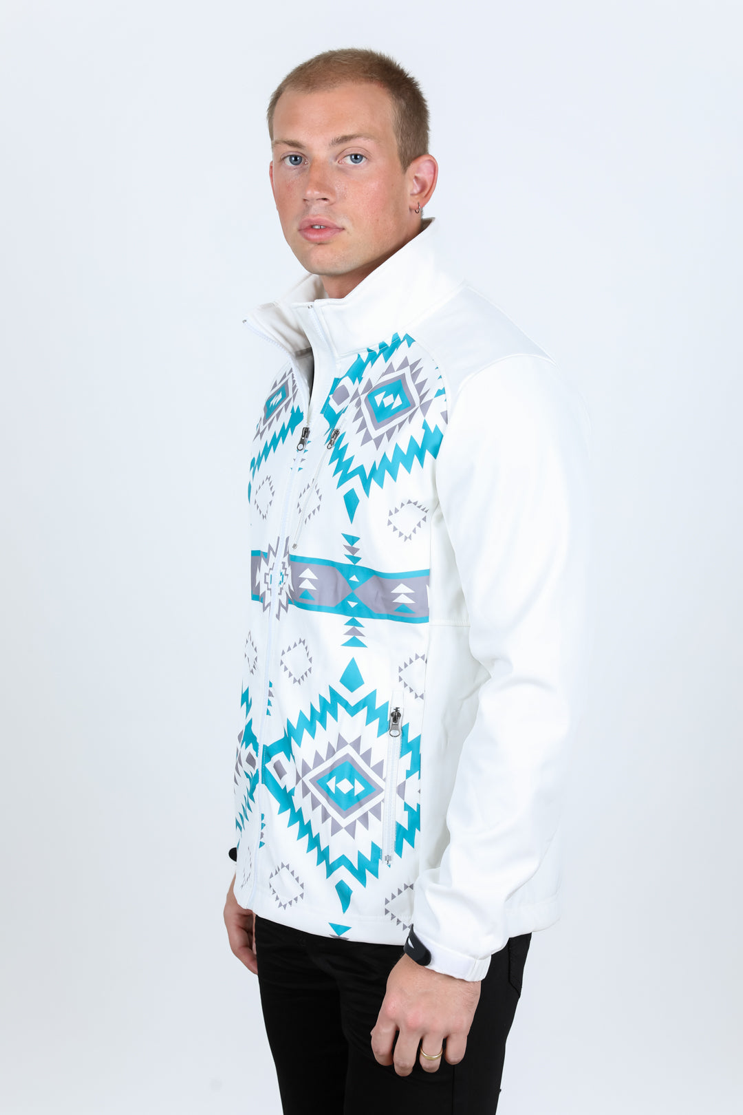 white aztec softshell jacket detail platini side
