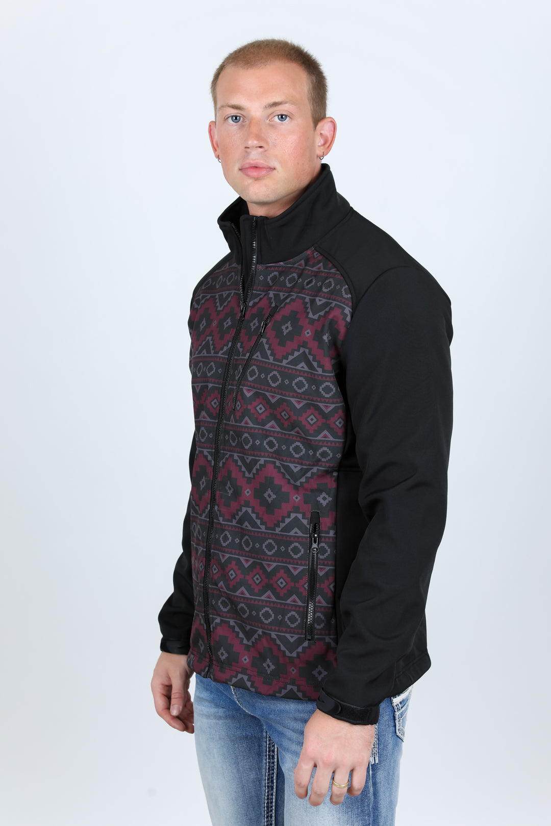 black aztec softshell jacket detail platini side